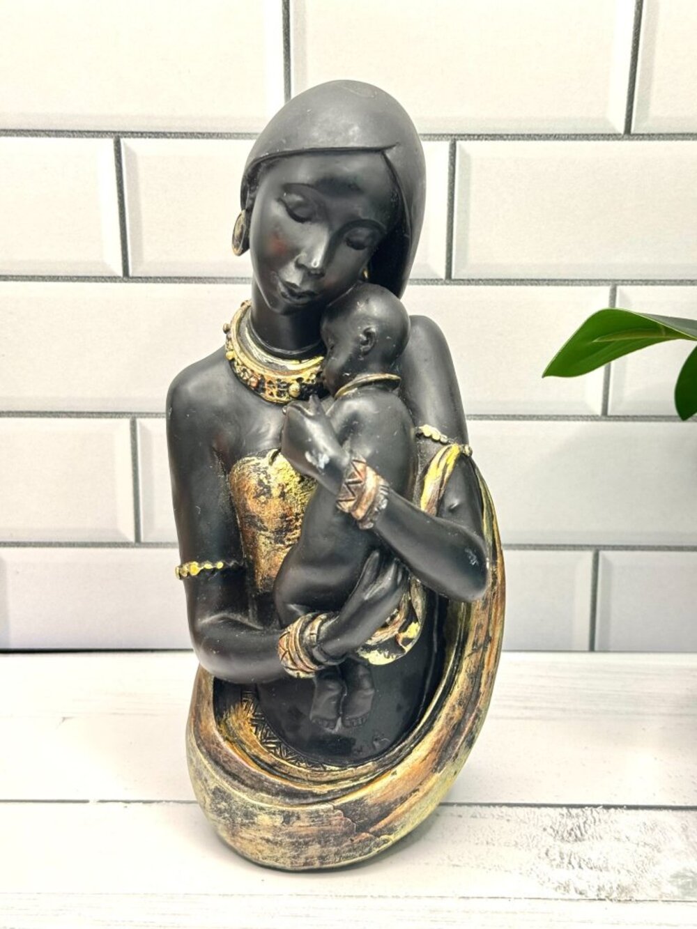 Mother & Child Figurine - Handcrafted Black & Gold Resin Statue